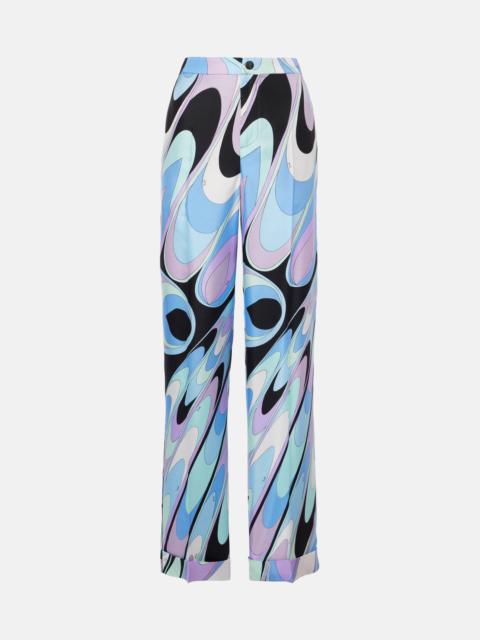 Printed silk twill wide-leg pants