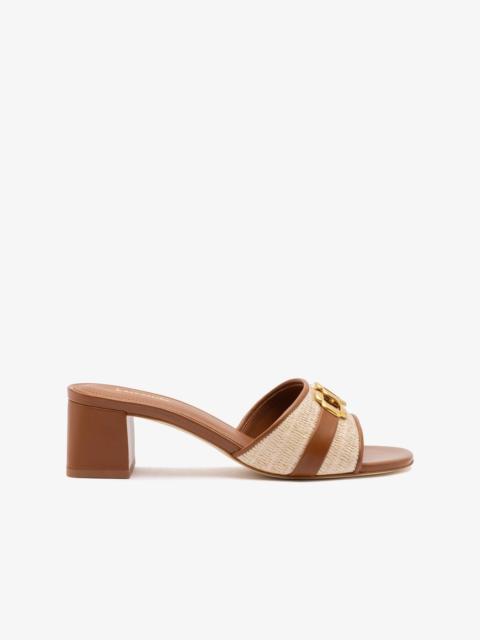 Franca Block Sandal In Natural Raffia And Caramel Leather