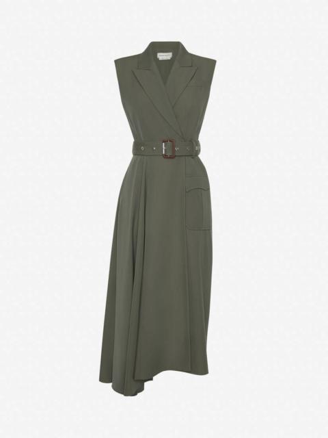 Women's Asymmetric Drape Pencil Dress in Military Green