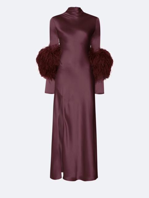 Satin Draped Neck Bias Dress With Feathers