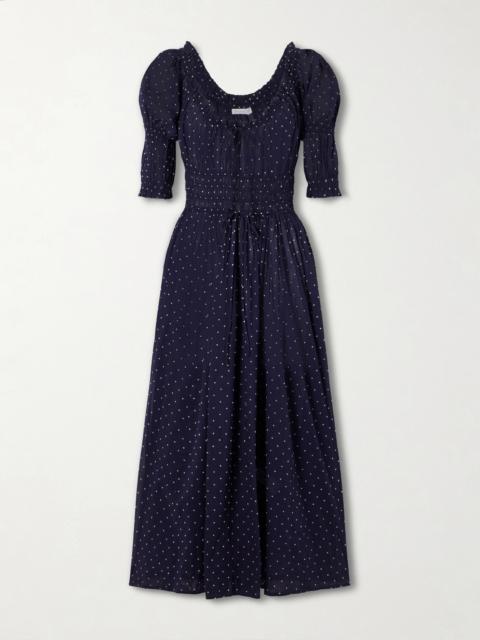 Ischia Shirred Polka-dot Organic Cotton-voile Midi Dress