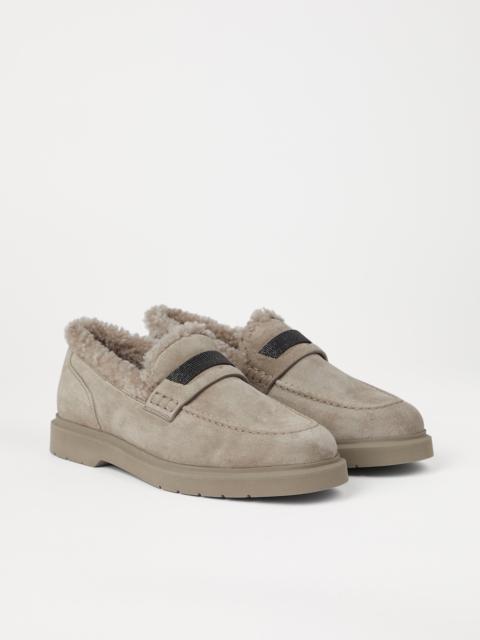 Suede penny loafers with shearling lining and precious insert