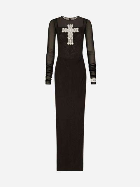 Long tulle dress with rhinestone cross embellishment