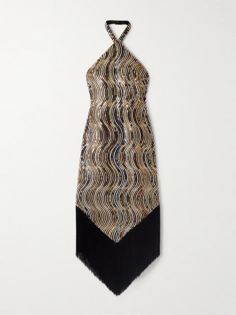 Nina Flapper Fringed Sequin-embellished Mesh Halterneck Midi Dress