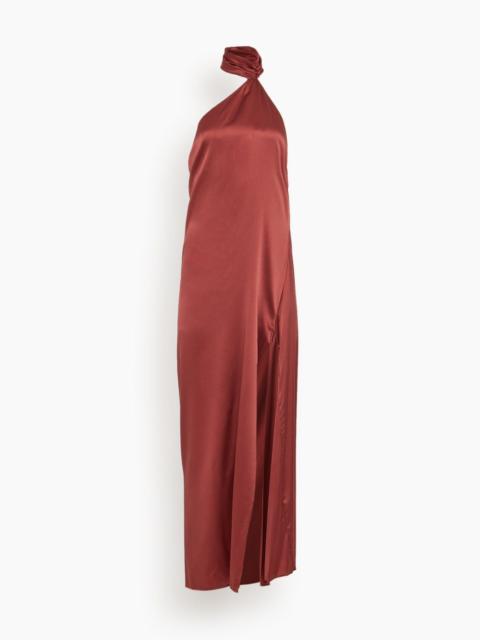 Soie Asymmetrical Halter Gown in Brick Dust
