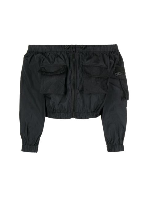 off-shoulder cropped zip-up jacket