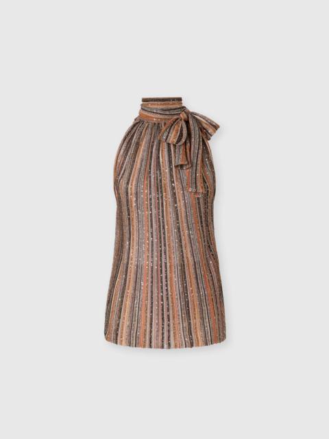 Ribbed Viscose Lamé Sleeveless Top with Scarf Collar