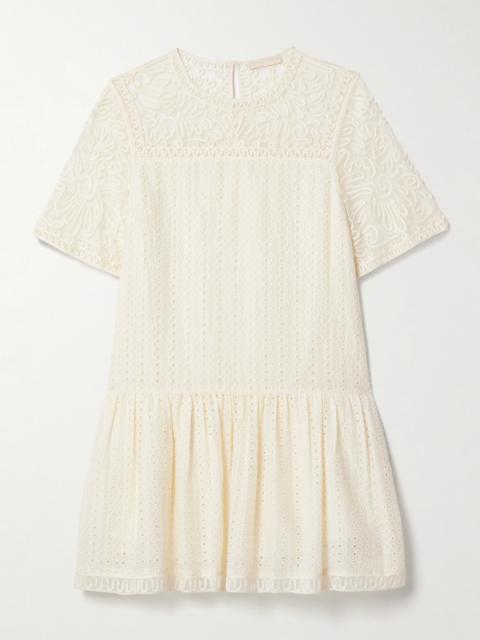 Gabi Tulle-trimmed Broderie Anglaise Cotton And Silk-blend Mini Dress