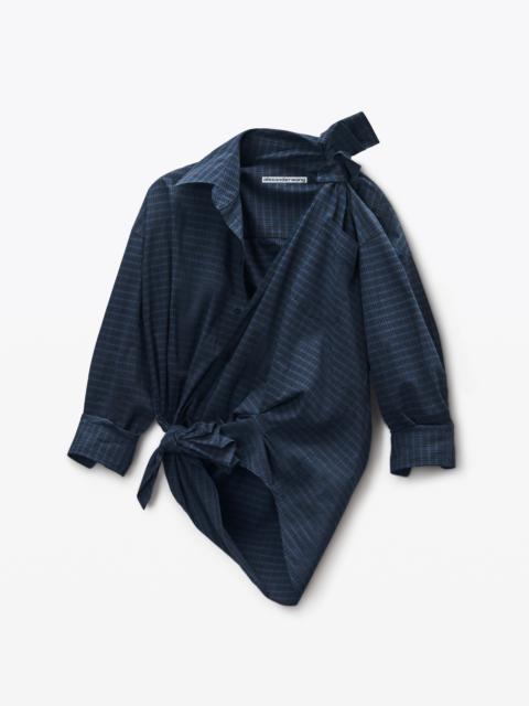 Navy Plaid Asymmetric Button Up Shirt