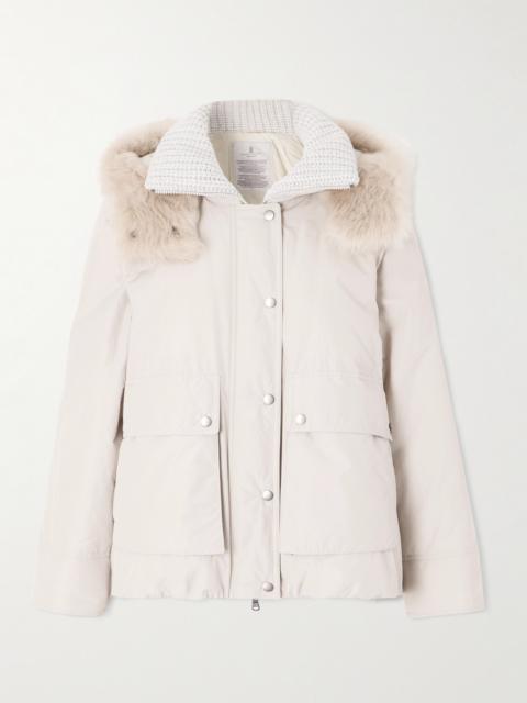 Hooded Ribbed-knit And Shearling-trimmed Bead-embellished Padded Shell Down Jacket