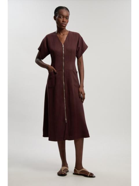 Tencel Blend Tailored V Neck Zip Detail Maxi Dress