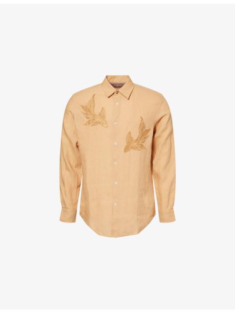 Bird-Embroidered Long-Sleeve Linen Shirt