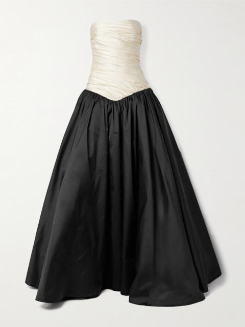 Strapless Two-tone Gathered Plissé-mikado And Taffeta Gown