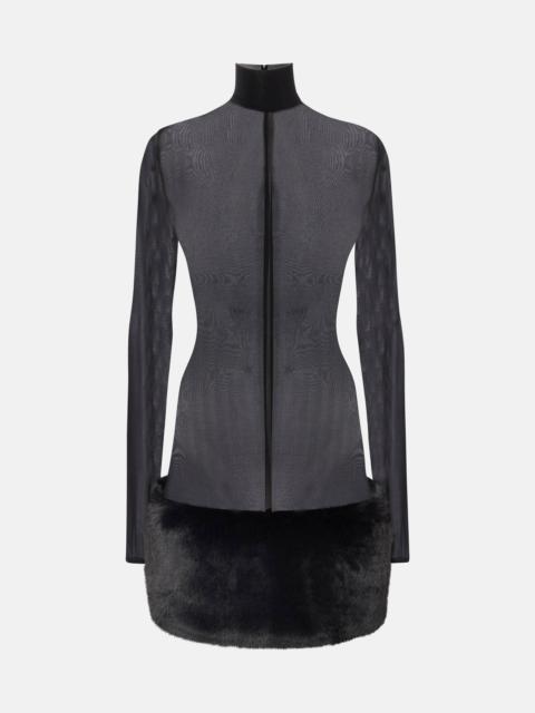 Sheer faux fur-trimmed minidress