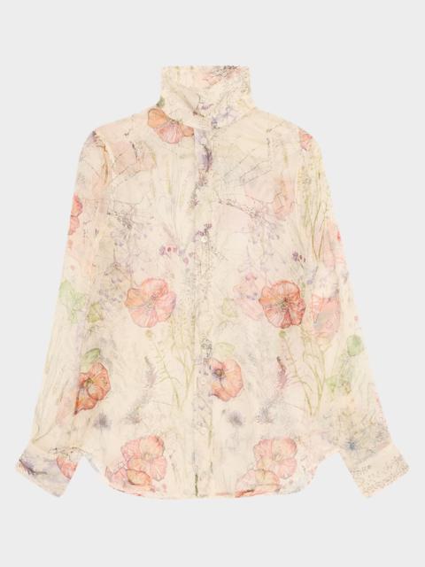 Floral-Print Silk Organza Collared Blouse