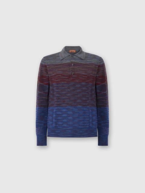 Long Sleeve Polo in Pure Wool with Flame Pattern