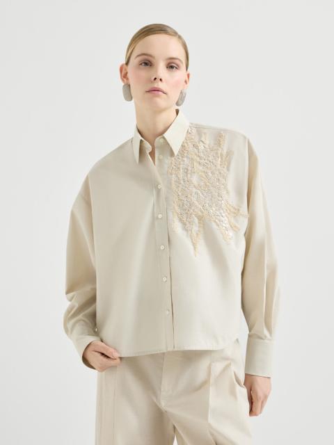 Techno cotton poplin shirt with dazzling seabed embroidery