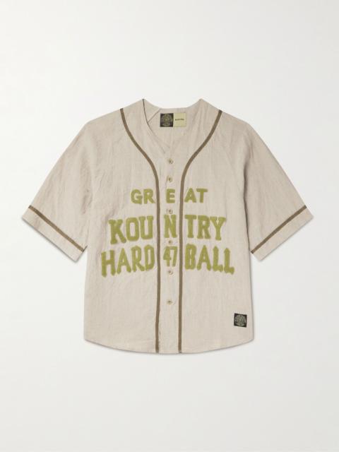 Great Kountry Grosgrain- and Felt-Trimmed Logo-Appliquéd Linen Shirt Beige