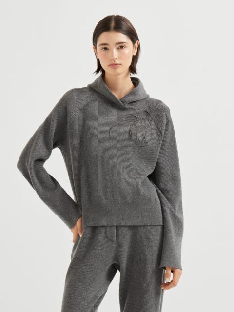 Cashmere English rib hooded sweater with shiny flower embroidery