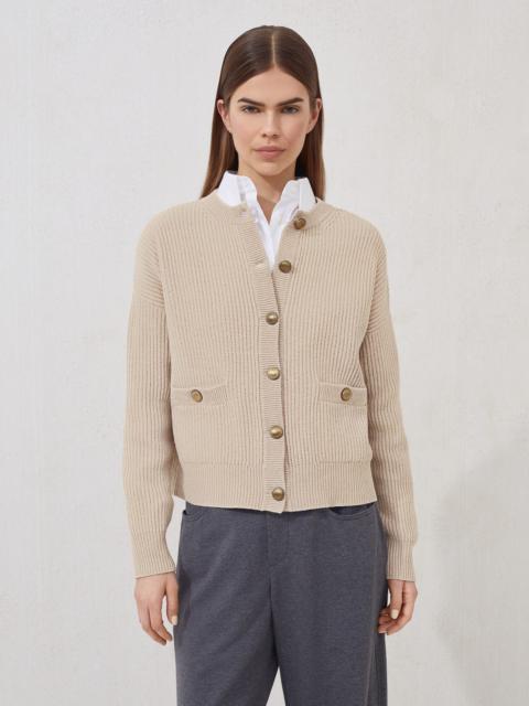 Virgin wool, cashmere and silk English rib cardigan with metal buttons