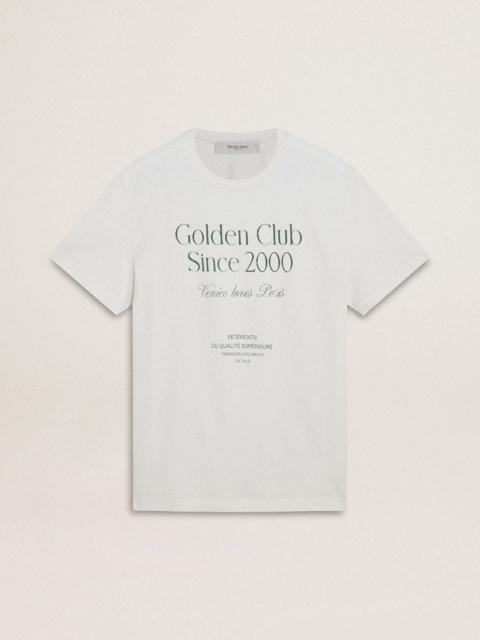 Men's white cotton T-shirt with green print