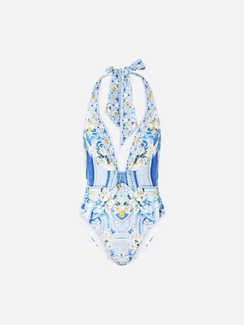 PLUNGE HALTER ONE PIECE WITH BAR FRONT TRIM