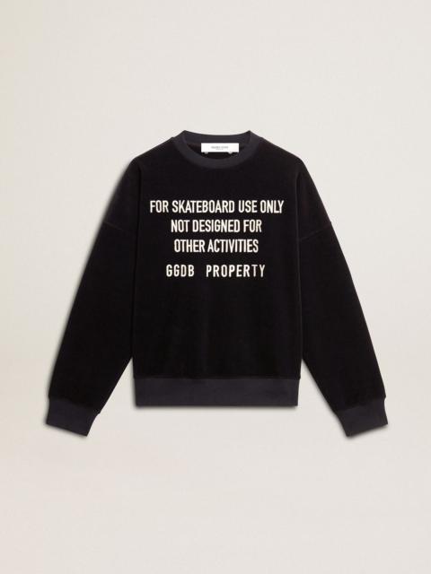Black crew neck sweatshirt with embroidered lettering