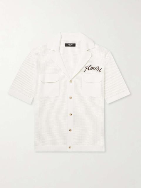 Camp-Collar Logo-Embroidered Open-Knit Cotton Shirt