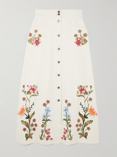 Sequin-embellished Embroidered Denim Maxi Skirt