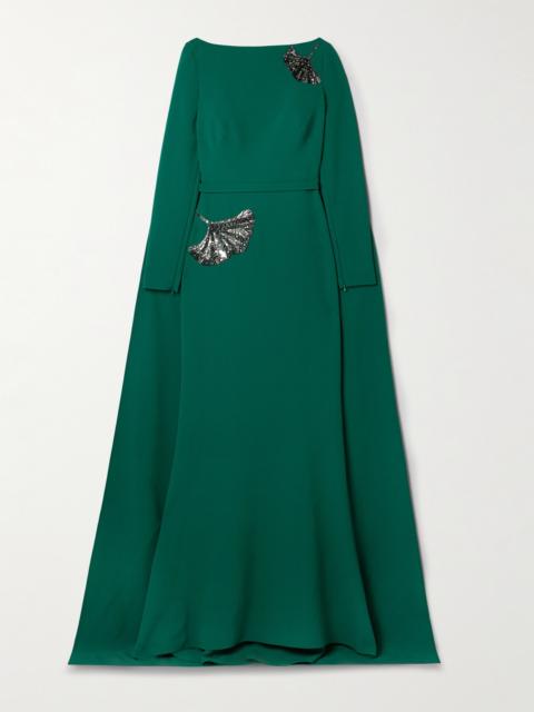 Ginevra Cape-effect Embellished Crepe Gown