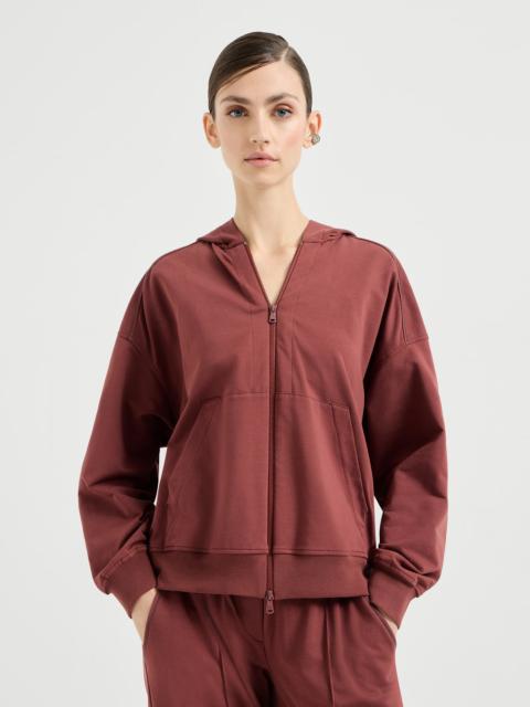 Stretch cotton lightweight French terry hooded sweatshirt with zipper and shiny trims