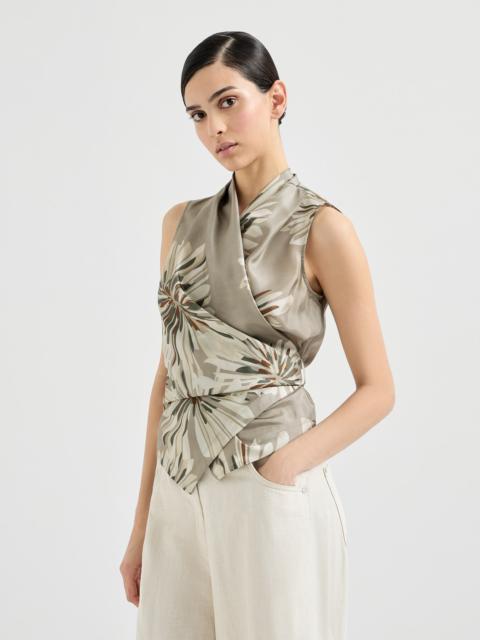Silk bloom print pongee vest with monili