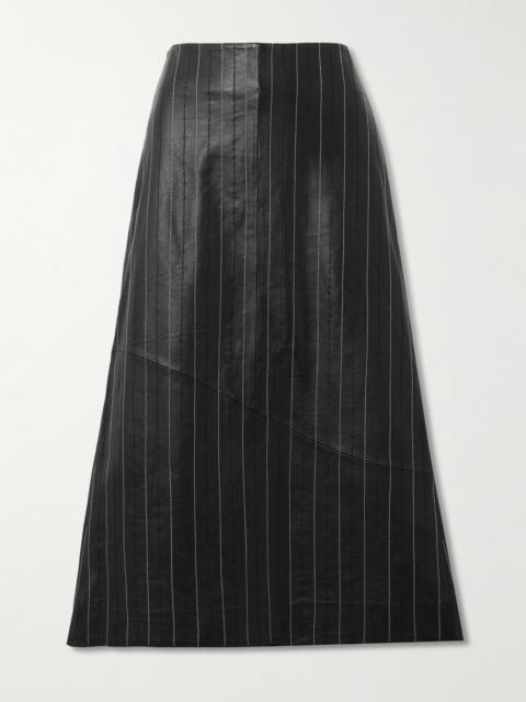 Paneled Embroidered Pinstriped Leather Midi Skirt
