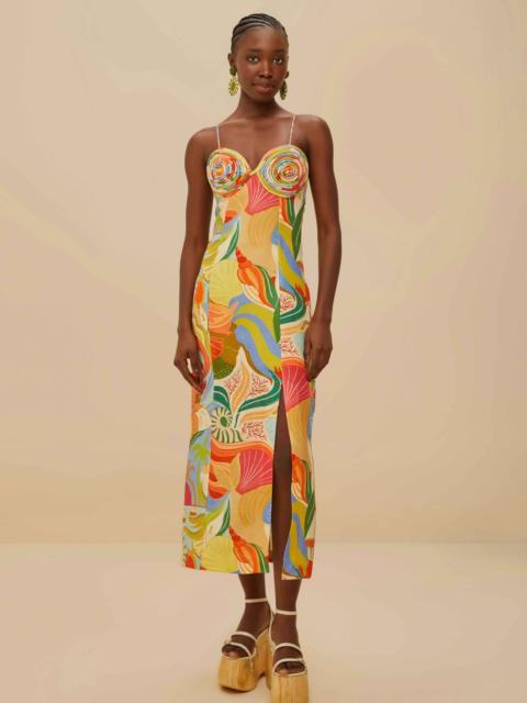 Multicolor Ocean View Twisted Cups Euroflax™ Premium Linen Midi Dress