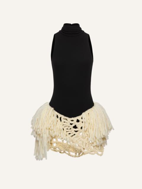 Hand-crocheted fringe dress in black and cream
