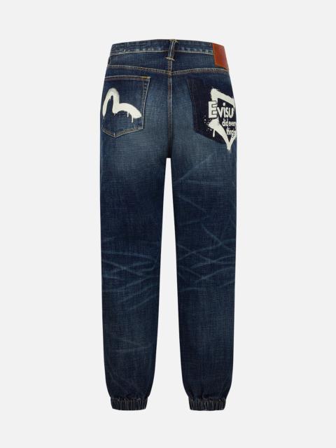 Graffiti-Style Seagull and Logo Print Straight Fit Denim Joggers