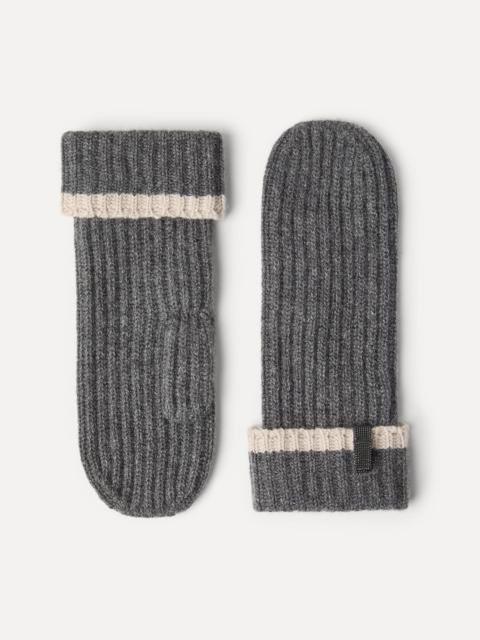 Cashmere English rib knit mittens with monili