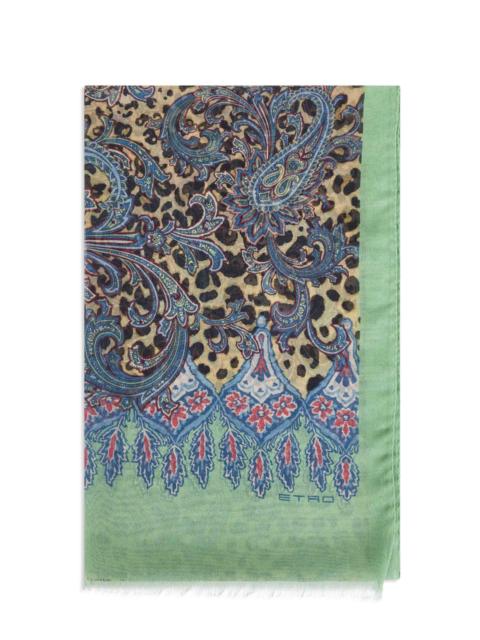 Green cashmere blend animalier Paisley-pattern scarf
