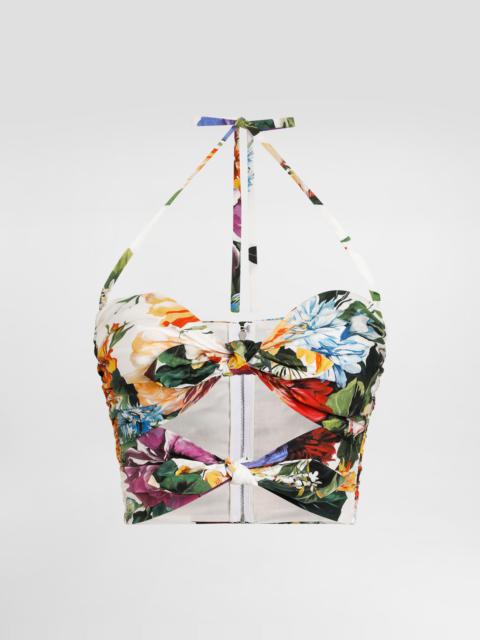 Flower bouquet-print poplin top