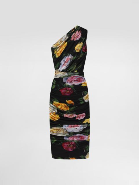 Tulle one-shoulder calf-length dress with peony and rose print