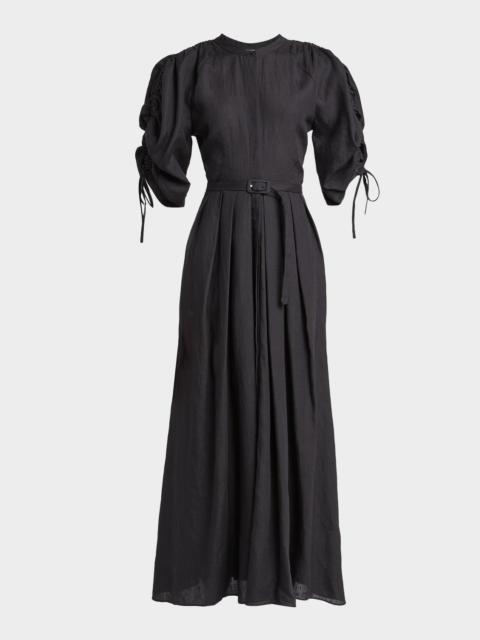 Linnea Ruched-Sleeve Pleated Linen Maxi Dress With Belt