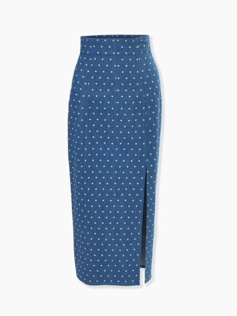 Polka Dot Denim High-Waist Midi Skirt