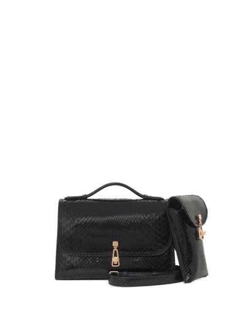 Medium Leonora Flap Bag in Black Snakeskin with Sunglasses Pouch