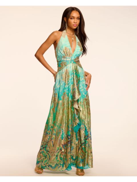 Stephanie Jacquard Plunging Halter Gown