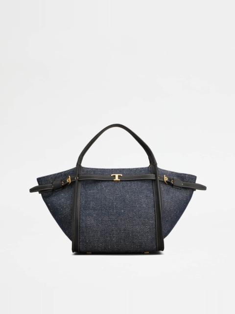 SHOPPING BAG IN CANVAS AND LEATHER SMALL - BLUE