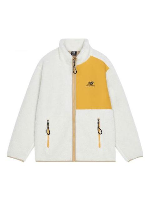 New Balance Contrasting Colors Knit Suede Sports Stand Collar Logo Lamb's Wool Jacket White AMJ13346