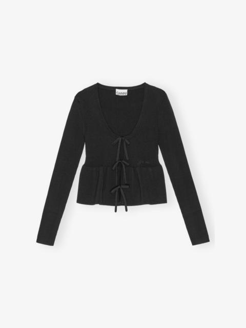 BLACK RIB KNIT TIE STRING CARDIGAN