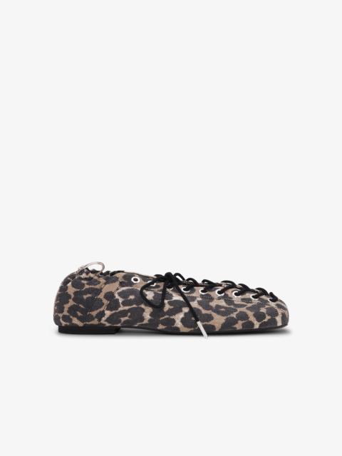 LEOPARD PRINTED DENIM EYELETS LACE UP BALLERINAS