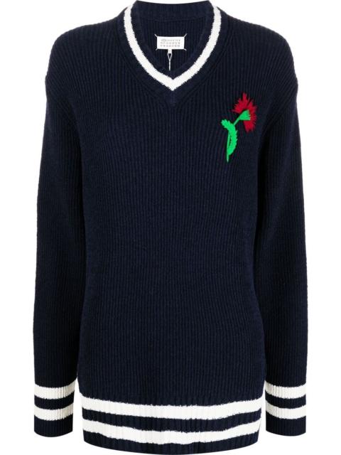 floral-embroidered V-neck jumper