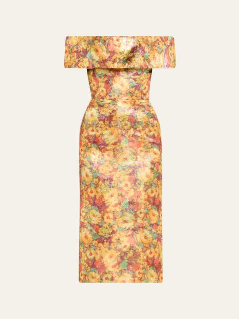 Gloria Metallic Floral Jacquard Off-The-Shoulder Dress